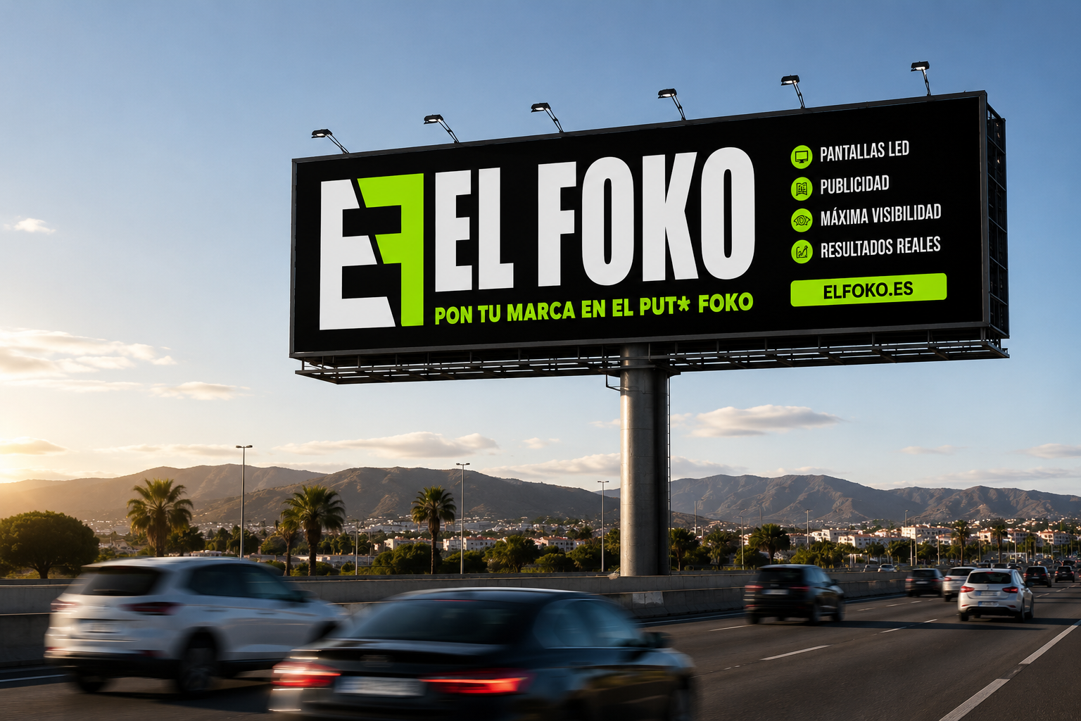 Valla publicitaria ElFoko en autovía al atardecer