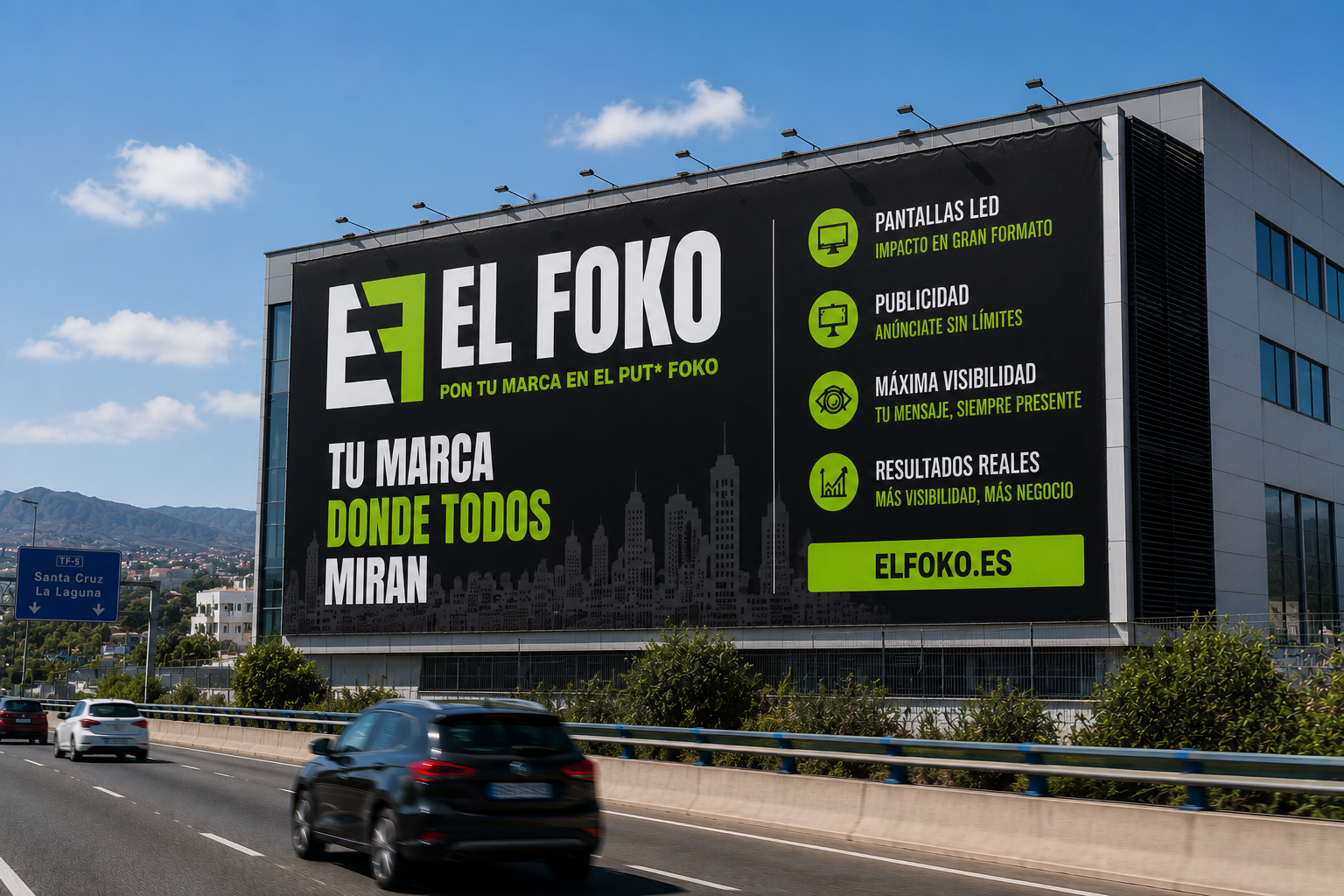 Lona ElFoko en fachada de edificio junto a la autovía TF-5